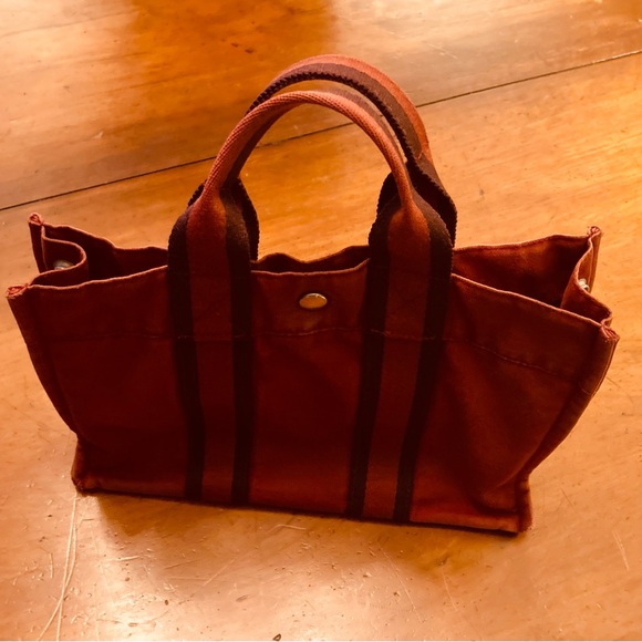 Hermes small luxury canvas tote bag handles in red with blue stripe accent - Picture 3 of 9